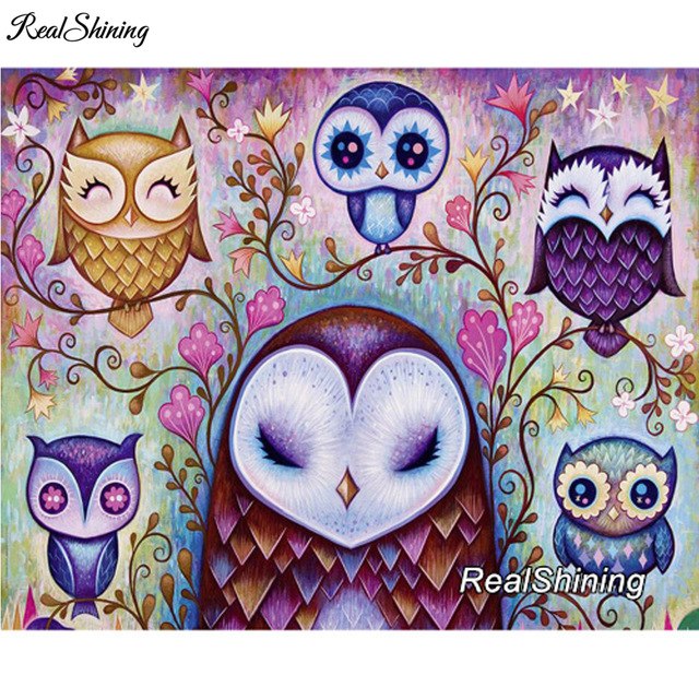 640x640 Realshining Needlework Diy Full Square Diamond Painting Diamond - Owl Family Painting