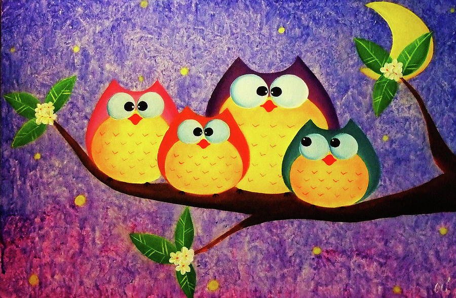 900x588 The Owl Family In The Midnight Painting By Busra Siripone - Owl Family Painting
