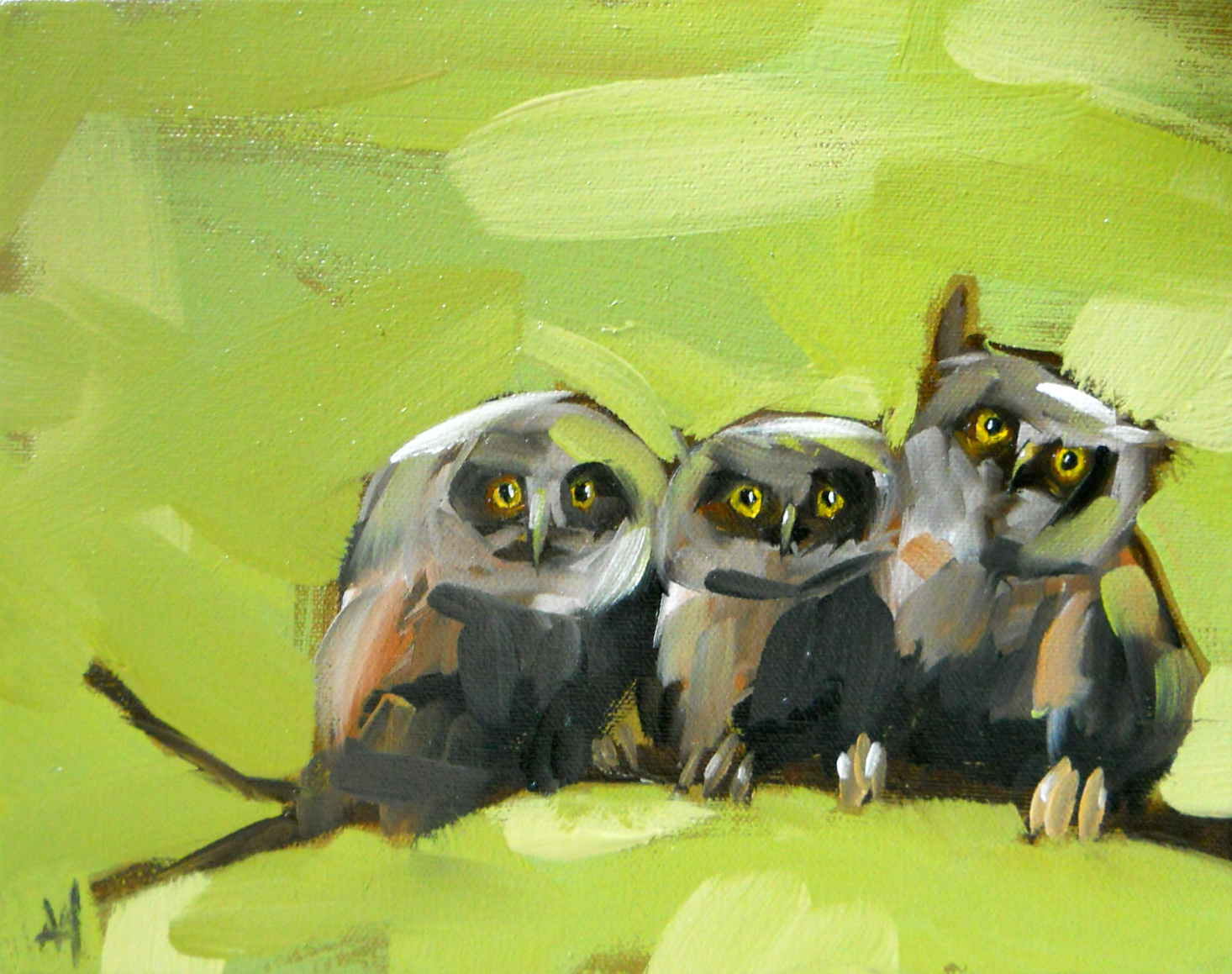 1466x1159 Screech Owl Family On Branch Angela Moulton's Painting A Day - Owl Family Painting
