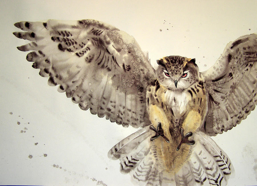900x651 Owl Flying Painting By Olga Belyaeva - Owl Flying Painting