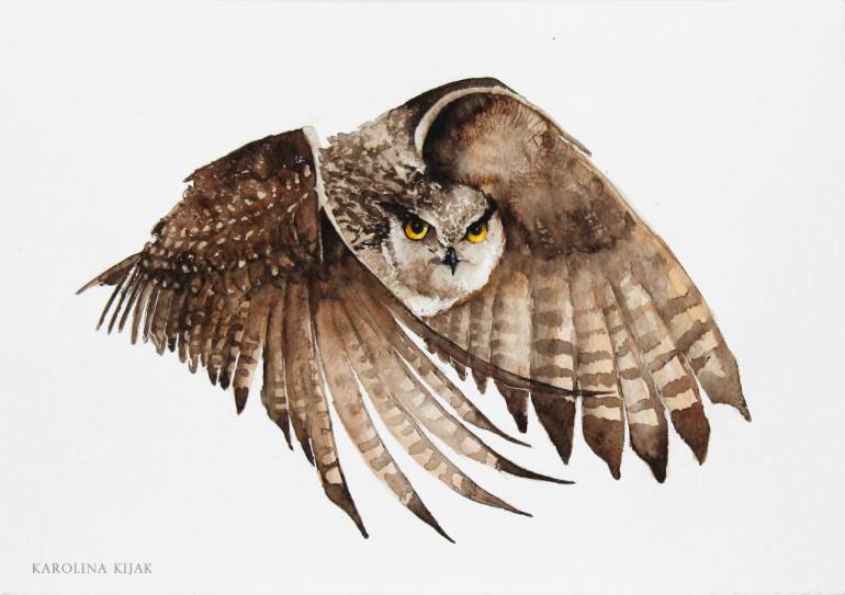 770x543 Saatchi Art Flying Owl Oryginal Watercolor Painting Painting By - Owl Flying Painting