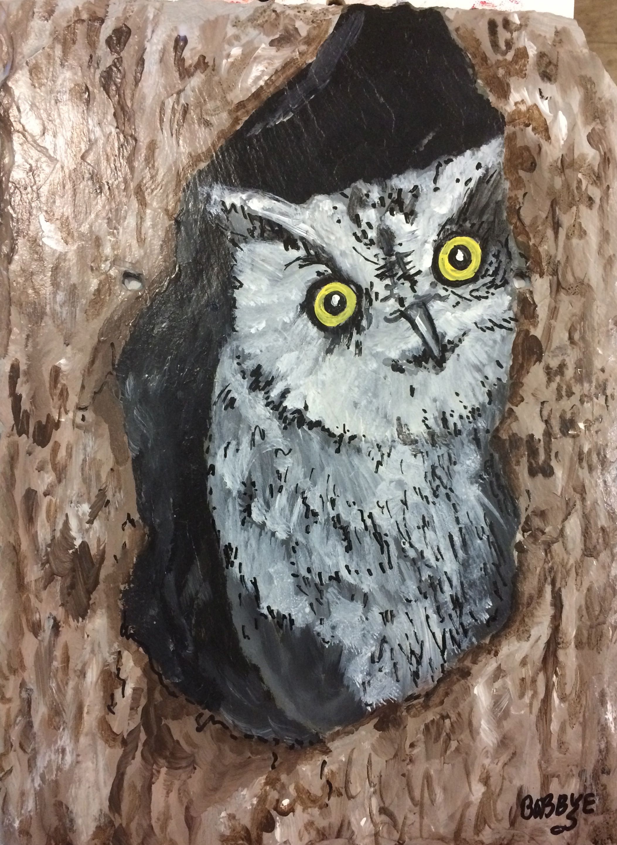 2106x2886 Owl Hiding In A Hole Of A Tree Painted Of A Roof Slate. Things I - Owl In Tree Painting