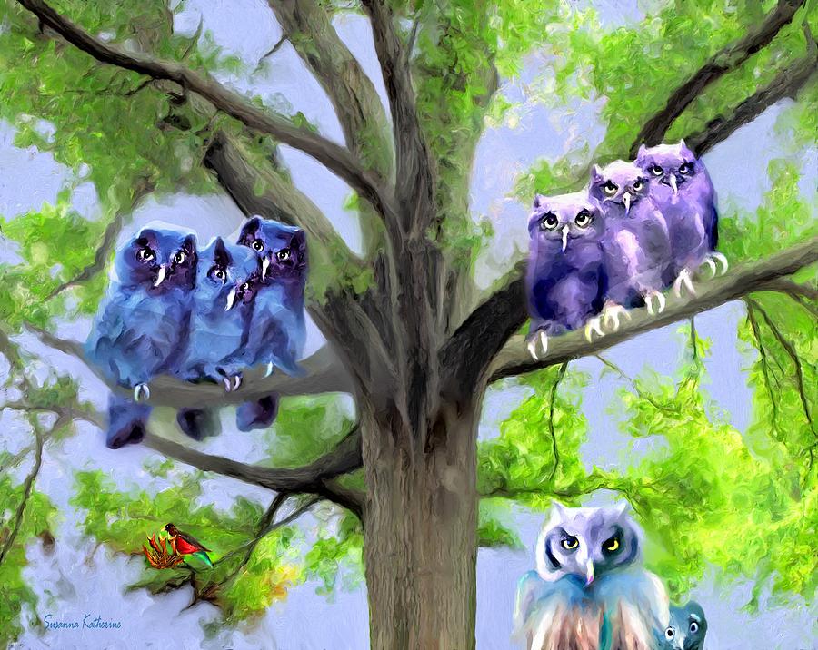 900x716 Painting Of Owls And Birds Nest In Tree Painting By Susanna Katherine - Owl In Tree Painting