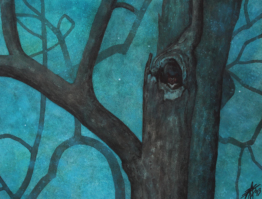 900x686 Sentinel Or Great Horned Owl In Cottonwood Tree Painting By Robin - Owl In Tree Painting