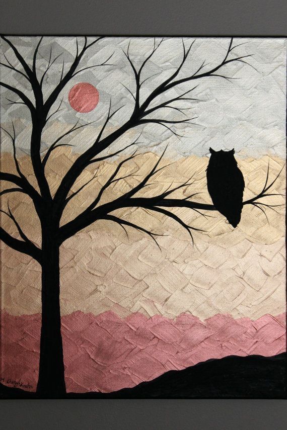 570x855 Unique Textured Painting Of Owl On Tree Branches With Moon - Owl In Tree Painting