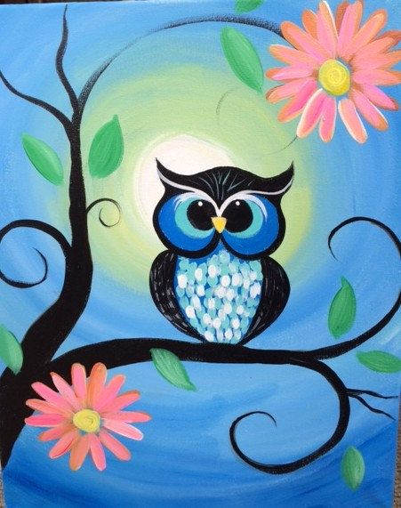 451x571 Whimsical Owl Painting Orange Flowers, Owl And Canvases - Owl In Tree Painting