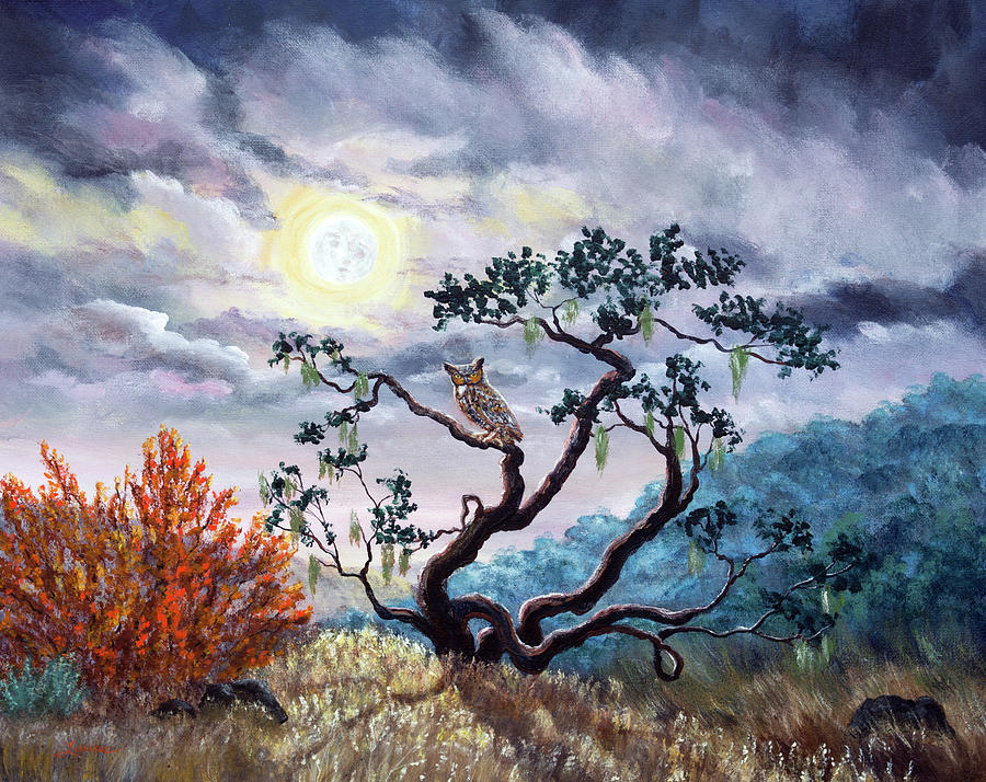 900x714 Horned Owl On Moonlit Oak Tree Painting By Laura Iverson - Owl In Tree Painting