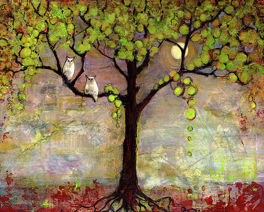 900x722 Moon River Tree Owls Art Painting By Blenda Studio - Owl In Tree Painting