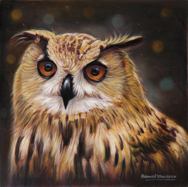 640x637 Hemant Bhavsar Artwork The Owl Portrait Painting Original - Owl Oil Painting