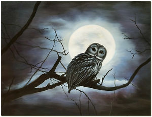 300x232 Moonlight Forest Landscape - Owl Oil Painting