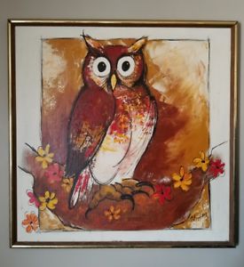 275x300 Vintage Mid Century Owl Oil Painting On Canvas Signed Thompson - Owl Oil Painting