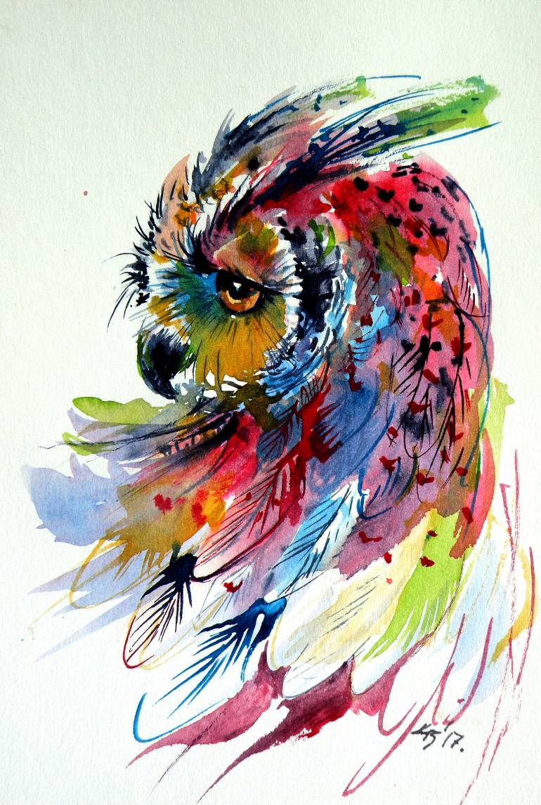 770x1146 Saatchi Art Cute Colorful Owl Painting By Kovacs Anna Brigitta - Owl Painting