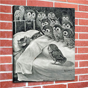 300x300 Cat Nightmare Owl Painting Real Canvas Giclee Art Print Paintings - Owl Painting