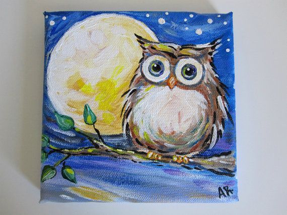570x427 Owl Painting On Canvas Night Owl Original Night - Owl Painting For Kids