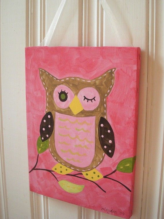 570x760 Girl Kids Room Decor Baby Nursery Wall Art Original Canvas - Owl Painting For Kids