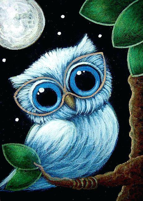 461x650 Blue Owls Green Eyes Baby Owl Painting Rare Blue Owl - Owl Painting Images