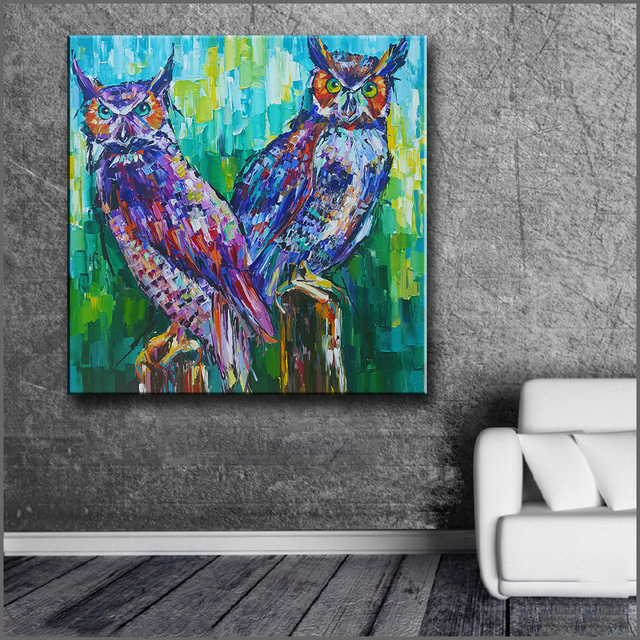 640x640 Wlong Art Printing Pop Oil Painting Canvas Two Owls Wall Art - Owl Painting On Canvas