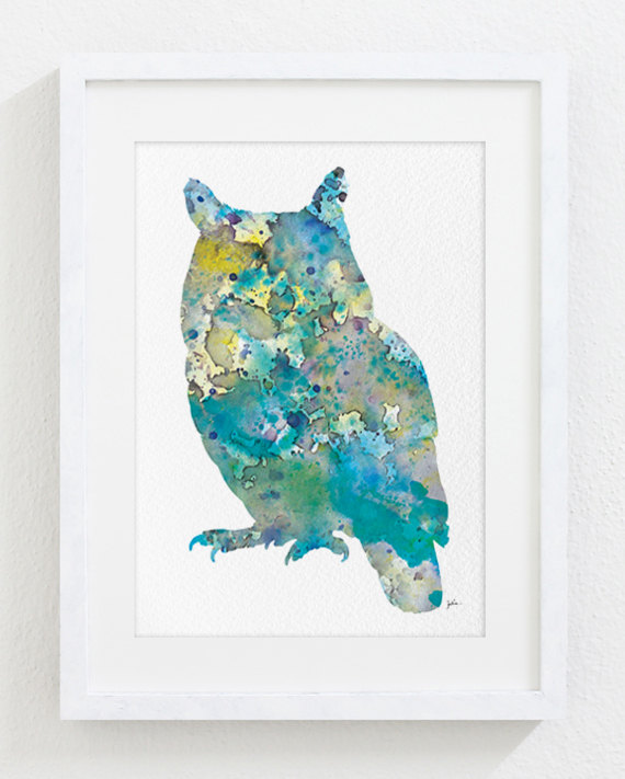 570x711 Blue Owl Art Watercolor Painting 5x7 Archival Print Owl - Owl Silhouette Painting