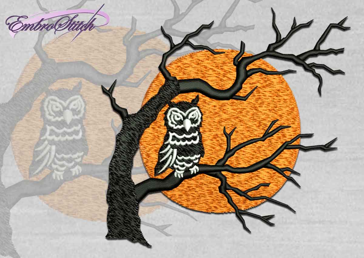 1200x850 Halloween Owl Silhouette Embroidery Design - Owl Silhouette Painting