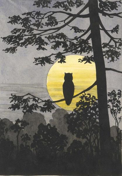 417x600 Allan Furniss, Moonlit Owl Silhouette, Lochmaben - Owl Silhouette Painting