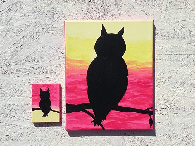 667x500 Handmade Original Artwork Great Horned Owl Momma Baby - Owl Silhouette Painting