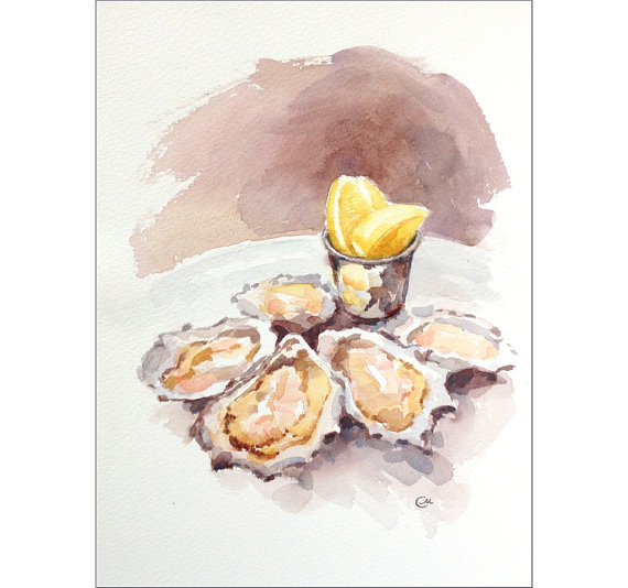570x534 Oysters Original Watercolor Seafood Painting 9 X 12 Inches - Oyster Watercolor Painting