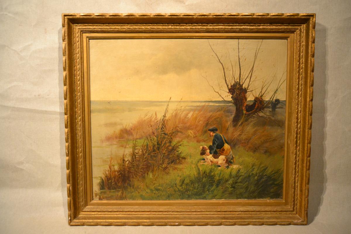 1200x800 P. Leroux, Hst The Hunter And His Dog, Xixth - P Hunter Painting