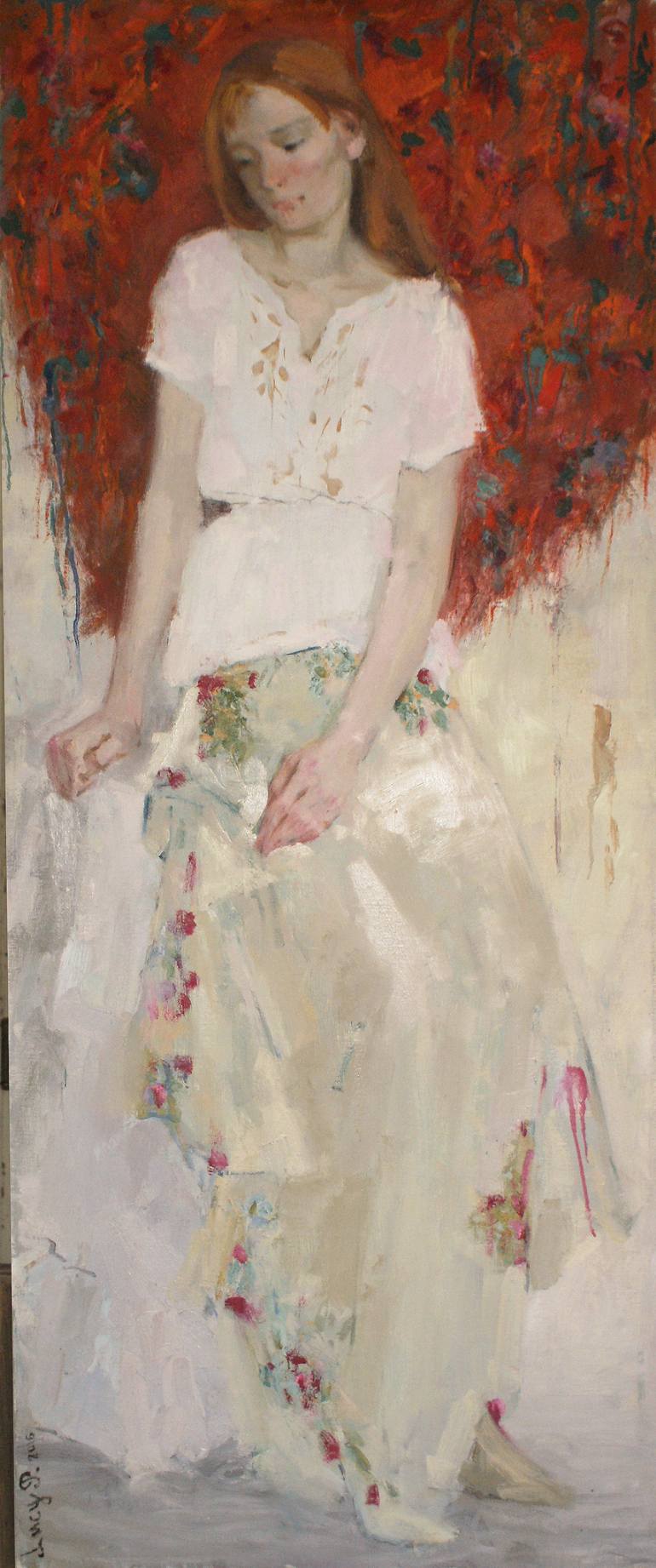 770x1842 Saatchi Art Red Haired Girl On A Red Orange Background Painting - P Painting