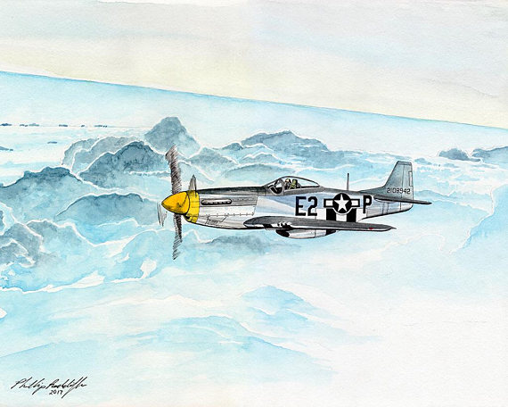 570x456 P 51 Mustang 11x14 Watercolor Painting - P51 Mustang Painting