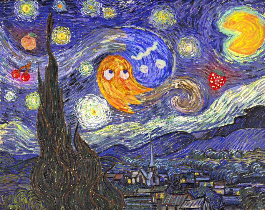 900x714 Starry Night - Pac Man Painting
