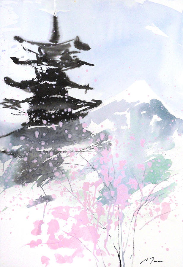 616x900 Sumie No.10 Pagoda And Mt.fuji Painting By Sumiyo Toribe - Pagoda Painting