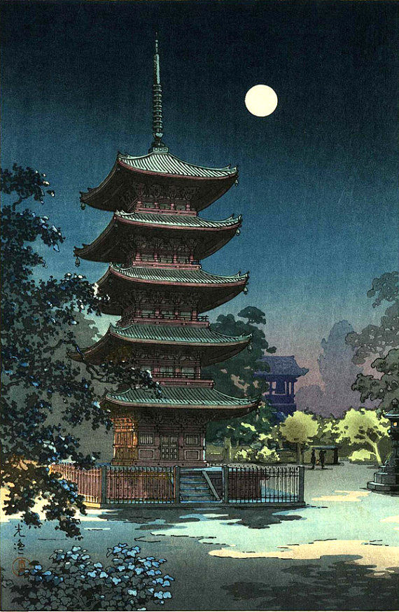 570x874 Japanese Art, Kinryuzan Pagoda Temple Night Moonlight Landscape - Pagoda Painting