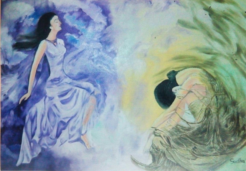 1039x721 Buy Women Peace,love,pain Handmade Painting By Sudha Sharma. Code - Pain Painting