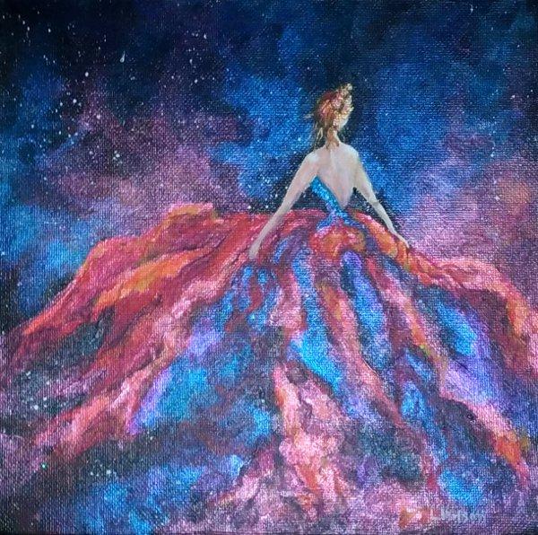 600x596 Galaxy Girl In Red And Blue, Acrylic Painting, Artist Laura Wilson - Painting
