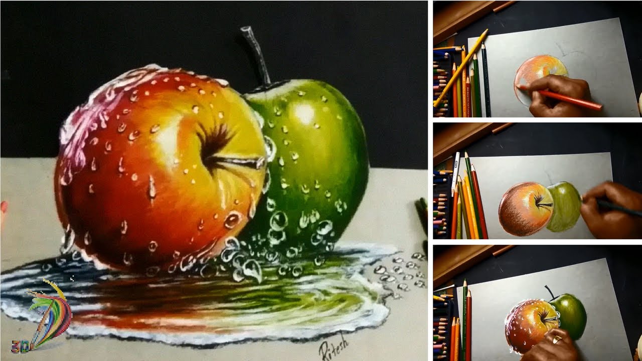 1280x720 Hyper Realistic Drawing Of Apple (Time Lapse) - Painting 4 You
