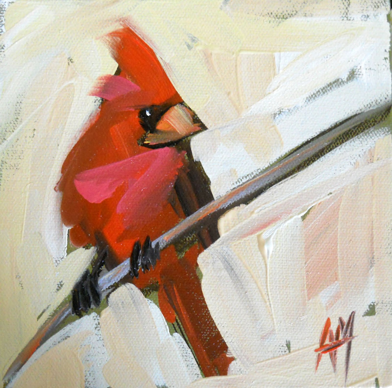 1600x1584 Cardinal On Branch Angela Moulton's Painting A Day - Painting A Cardinal