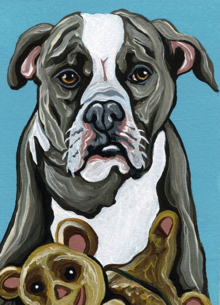 722x1000 Aceo Atc American Bulldog Pet Dog Teddy Bear Art Original Painting - Painting American Bulldog