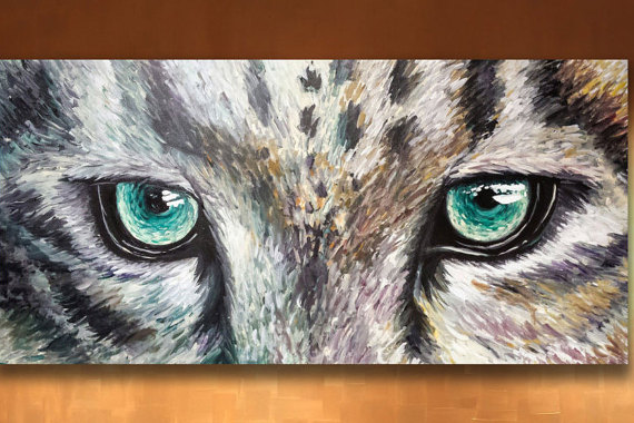570x380 Original Green Eyes Of A Snow Leopard Cat Animal Painting - Painting Animal Eyes