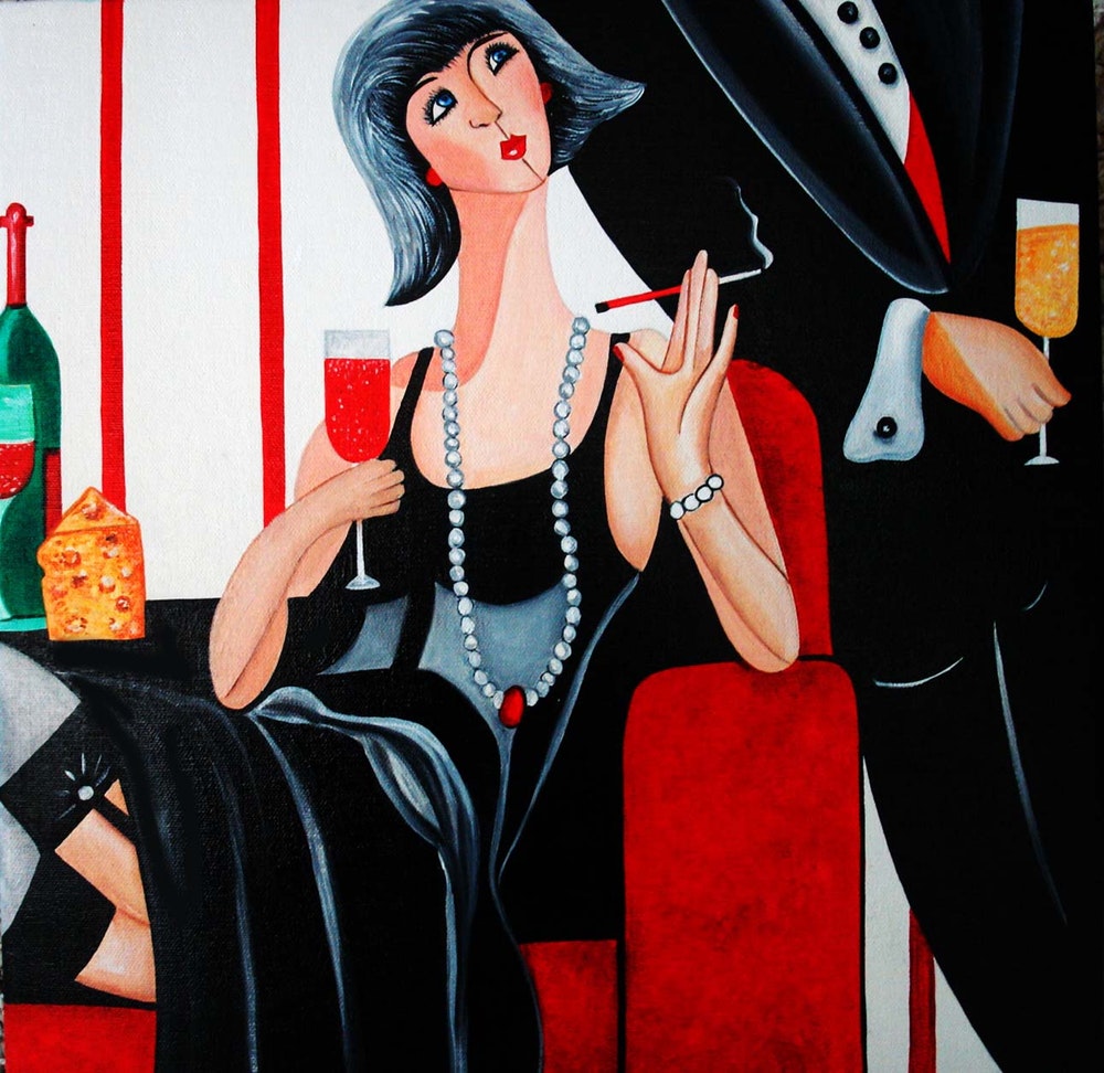 1000x972 Connoisseur's Party For Two Art Deco Wine Painting By K Madison - Painting Art Deco