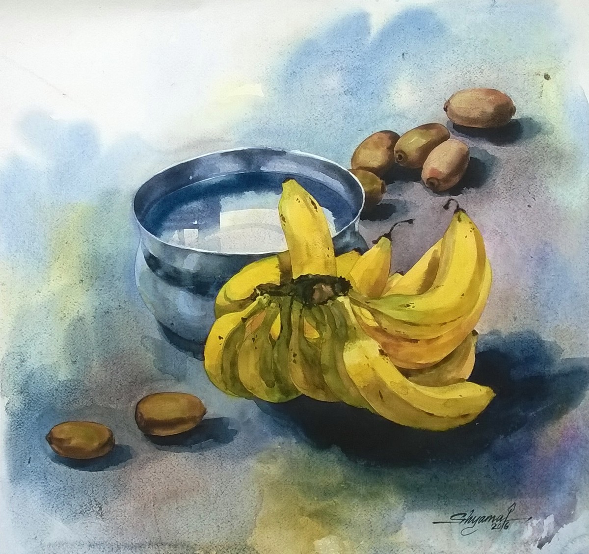 Натюрморт с бананами акварелью