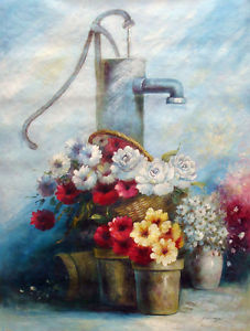 227x300 Large Oil Painting Of Still Life Flowers In Vase Basket By Water - Painting Basket