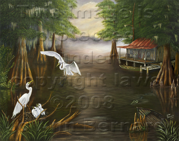 592x466 Swamp Scene And Louisiana Egret Paintings, Original Oil Paintings - Painting Bayou