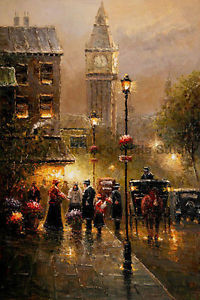 200x300 London Street Scene With Big Ben, Original Landscape Oil Painting - Painting Big