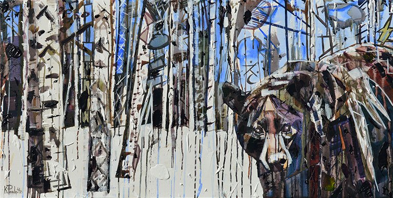 768x387 Black Bear Painting Birch Trees Winter Landscape Snow For Sale - Painting Birch