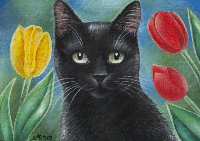 650x458 Spring Cat Paintings. Black Cat And Tulips - Painting Black Cat