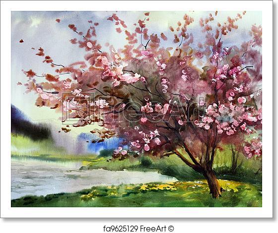 560x470 Free Art Print Of Watercolor Painting Landscape With Blooming - Painting Blooming