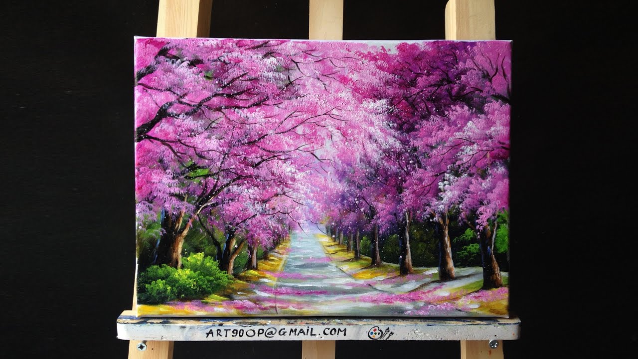 1280x720 Beautiful Cherry Blossoms Road Acrylic Painting (Canvas Size 12 X - Painting Blooming