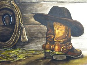 300x225 Painting Cowboy Hat Old Boots Lasso Farm 5x7 Art Ebay - Painting Boots