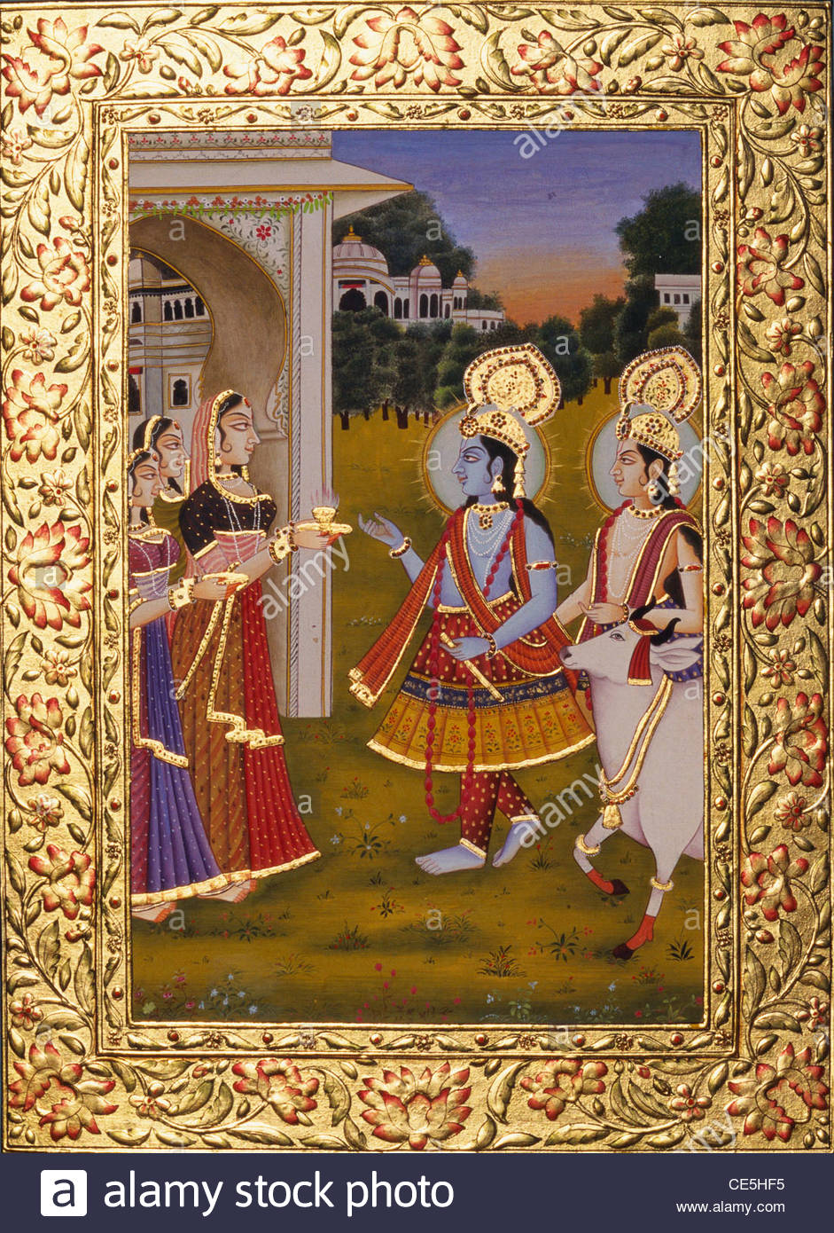941x1390 Radha Krishna Cow Miniature Painting On Paper With Gold Emboss - Painting Border