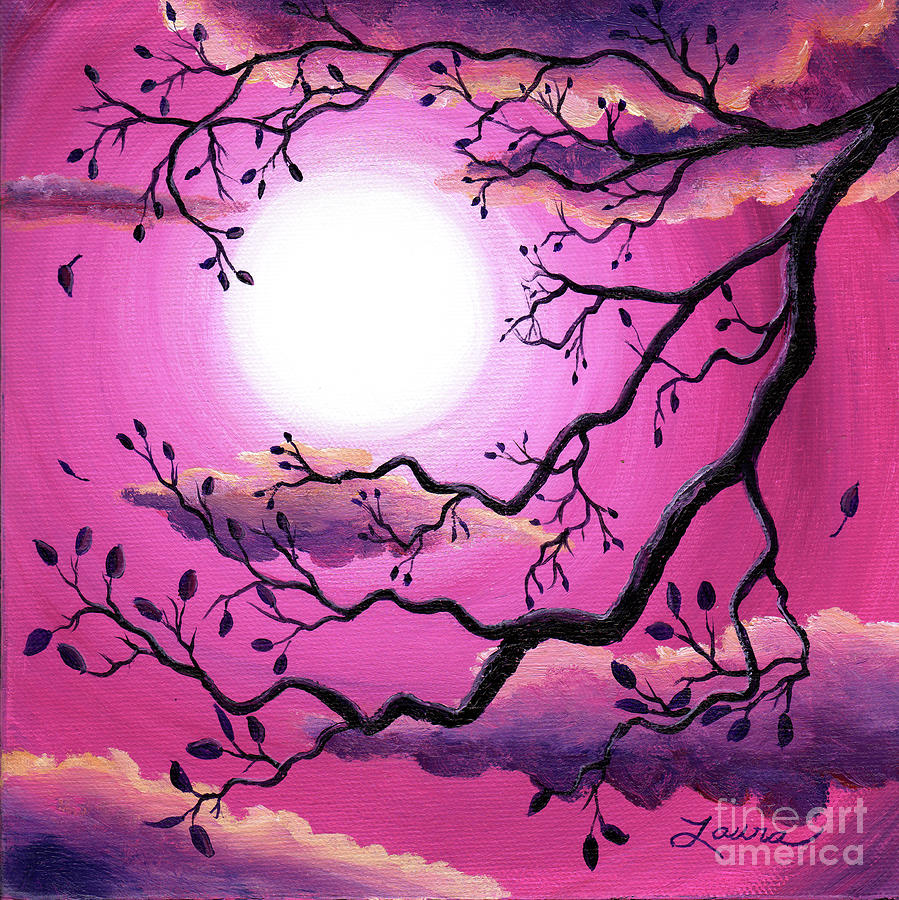 899x900 Tree Branch In Pink Moonlight Painting By Laura Iverson - Painting Branch